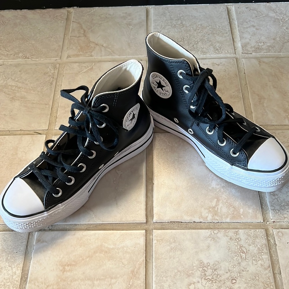 Black leather platform converse
